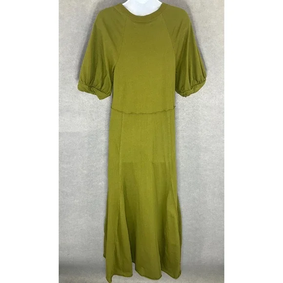Free People FB Beach Maxi Dress Womens Sz L Green Puff Sleeve Brentwood Flowy - Picture 2 of 13